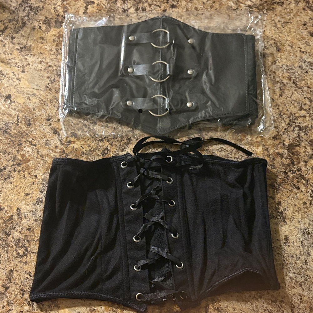 NEW! Black Corset Belt with Lace-Up and Buckle Details (Set of 2)